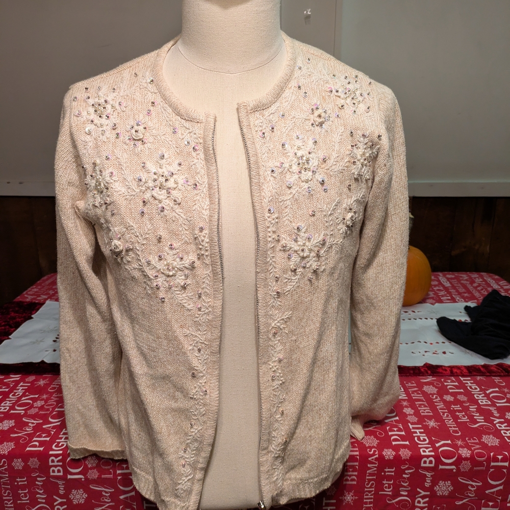 Erika Cream Beaded Snowflake Christmas Cardigan Holiday Sweater